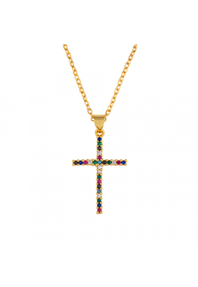 Collana croce colore oro con brillanti multicolor | Piuval