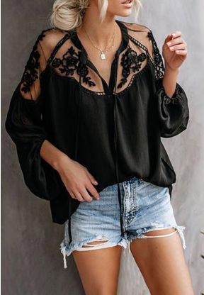 Camicia nera larga a maniche lunghe con pizzo