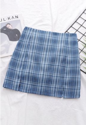 Gonna blu con fantasia a quadri