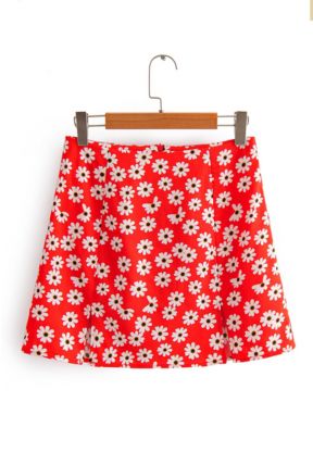 Gonna rossa a fiori con spacco laterale