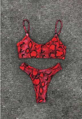 Bikini due pezzi rosso con texture serpente