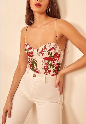 Top bianco scollato con motivo floreale